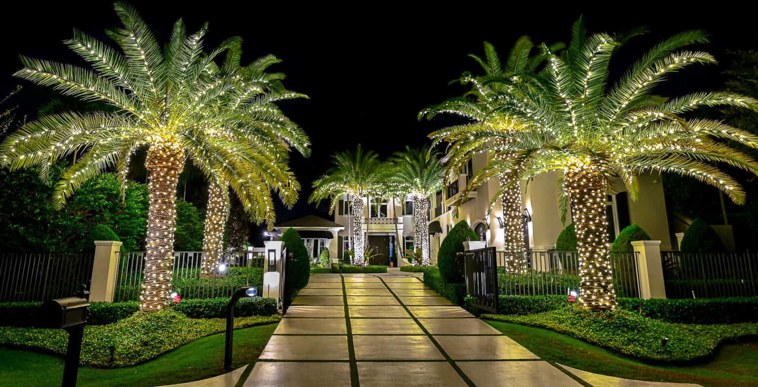 Stunning big modern house with multiple date palms running alongside the driveway and entryway, decorated with the most professionally installed Holiday-style lighting in all of South Florida