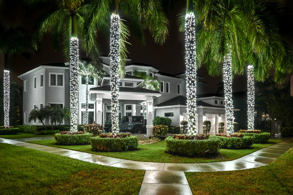 Multiple palm trees on the front yard of a massive and modern luxury house in Boca Raton, FL are wrapped in pure white holiday-style lighting installed in a clean and professional matter