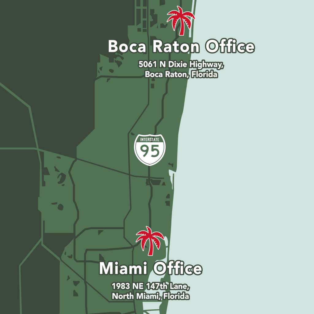 Mobile view for a graphic that shows where the offices for Exceptional Holiday Lighting are located colored with the a green, red, and white palette to match the company logo