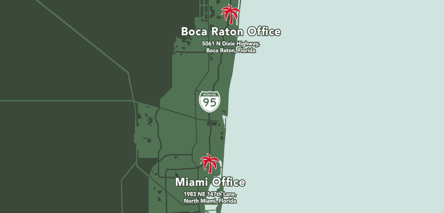 Desktop view for a graphic that shows where the offices for Exceptional Holiday Lighting are located colored with the a green, red, and white palette to match the company logo